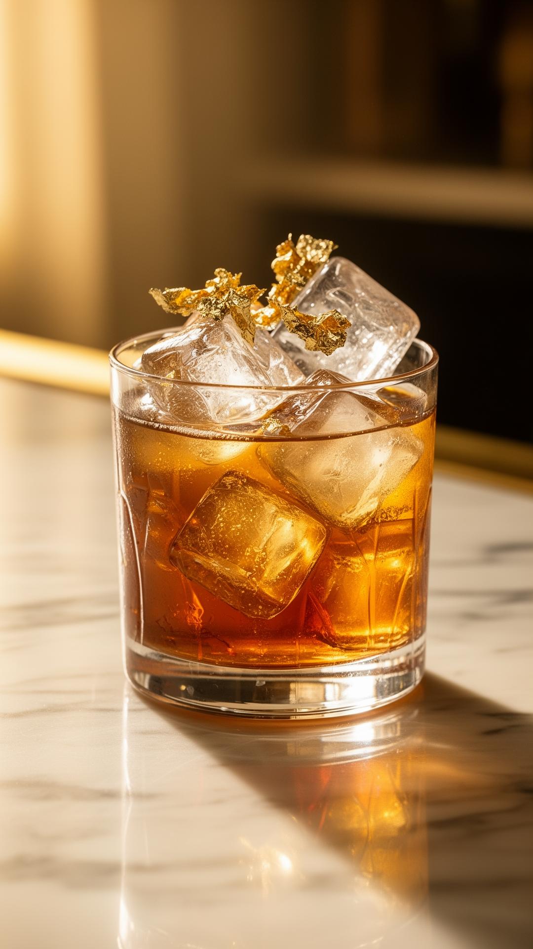 Premium cocktail with gold leaf garnish on marble